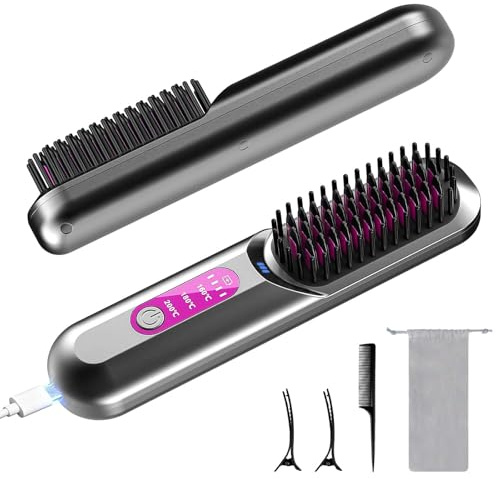 Cordless Hair Straighteners Ionic Hair Straightener Brush,Portable Mini Hair Straightener Brush for Travel Fast Heating and Adjustable Temperature, Women Gifts