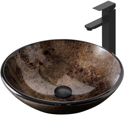 SOLIDEE Bathroom Artistic Vessel Sink, Tempered Glass Vanity Round Bowl with Black Faucet and Pop up drain Set, Brown