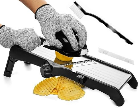 Mandoline Gemüsehobel 5-in-1 Profi Verstellbar Gemüseschneider Multifunktion Gemüsehobel Edelstahl Hobel Gemüse Gurken, Obst, Karotten Schneider mit Reinigungsbürste, Anti-Schneid-Handschuhe