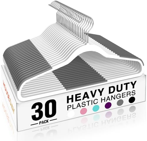 HOUSE DAY Heavy Duty Plastic Hangers 30 Pack, Non Slip Clothes Hangers with Rubber Pads and 360° Hook - Thin 0.2 Inch, Space Saving Coat Hanger White, Closet Organizer for Shirt, Pants, Suit, Skirt