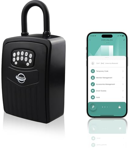 SISAV Smart Bluetooth Key Lock Box,Remote Access via App/Code,Resettable 6-Digit Combination,Large Capacity for 5 Keys,Wall-Mounted,No WiFi Needed,Grey(with Shackle)