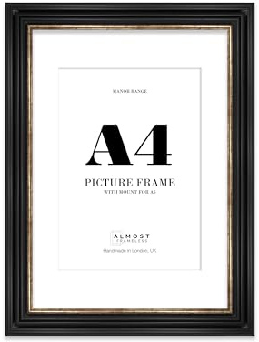 Almost Frameless A4 Black and Gold Picture Frame - A4/A5 Frame with A5 Mount, Vintage Style, 1 Pack