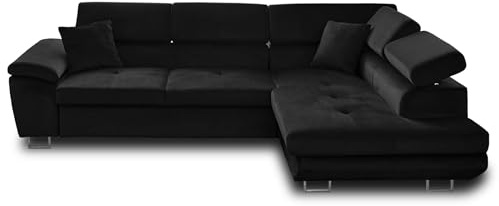 Bestmobilier Dimas Canapé d’Angle Droit Convertible 5 Places, Coffre de Rangement, Têtières Réglables, Revêtement Velours, Noir
