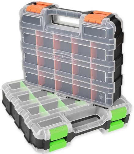 Wonninek 2Pack Tool Organizer Boxes Heavy Duty, Double Side Hardware Box Storage, 34 Removable Compartments Tool Boxes with Handle for Screws Nuts Small Parts (Green & Orange)