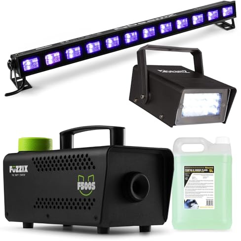 BeamZ BeamZ Fuzzix F500S - DJ Effekt Set - 500 Watt Nebelmaschine mit Flüssigkeit, UV Schwarzlicht Bar 12x3 Watt, LED Mini Stroboskop Blitzer inkl. 5 L Nebelflüssigkeit - Plug and Play
