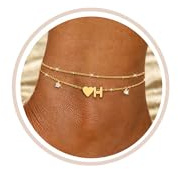 FUNEIA Fußkettchen Für Damen Silber 925/14K Gold Vergoldet Buchstaben Fussketten Für Frauen Wasserfester Herz Layered CZ Fußkette Boho Verstellbar Fusskette Fußschmuck Geschenke für Mädchen