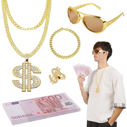 5 Stück Zuhälter Kostüm, 80er 90er Jahre Outfit Herren Hip Hop Kostüm Goldkette Herren mit Sonnenbrille, Dollar Kette, Armbänder, Ringe and Gefälschter Geldschein, für Karneval Fasching Mottoparty
