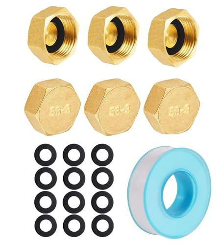 6PCS Brass Cap G3/8 Inch Female Thread Brass Hex Blanking Caps Stop End Brass Spigot Cap for Garden Hoses Radiator Valves with 8 Washers and 1Roll Raw Tape