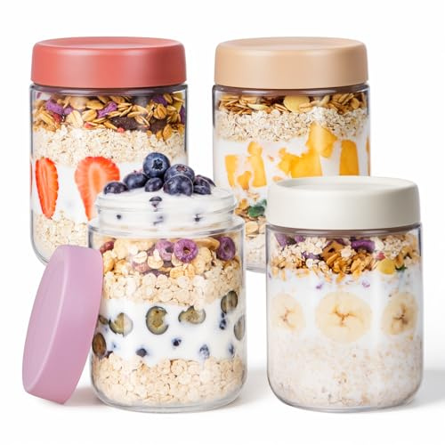 PITCH + PULSE Overnight Hafergläser, 4 Stück 500 ml Overnight Oats Gläser mit Deckel, Hausgemachter Joghurt Haferflocken Salat Marmelade Pudding Vorratsbehälter