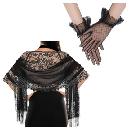 Women Lace Wraps Shawlsn with Lace Glove, Soft Mesh Fringe WrapsTriangle Scarf Shawl for Wedding Evening Party Dresses
