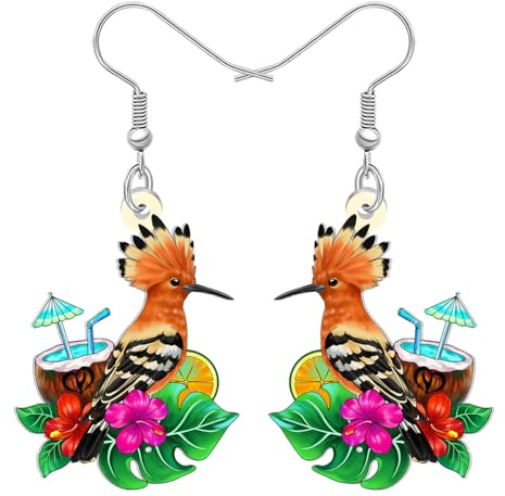 WEVENI Acrylic Hawaiian Hoopoe Bird Earrings with Monstera Leaf Coconut Hibiscus Flower Tropical Hawaii Beach Jewellery for Women Mom Bird Lovers
