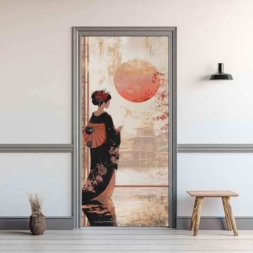 Türdeko Selbstklebend Japanische Geisha Japanischer Stil, Abziehbar Türfolie aus Seide - Dekor Aufkleber für Wohnzimmer, Schlafzimmer, Kinderzimmer (86 x 200 cm)