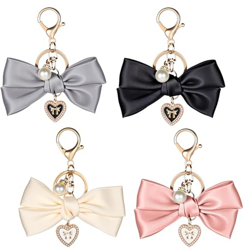 XLIUAX 4 Stück Perlen Schleifen Schlüsselanhänger für Damen, Handtaschen Anhänger Pearl Keychain Wristlet Tasche Charms für Autoschlüssel, Geldbörse, Handtasche, Rucksack