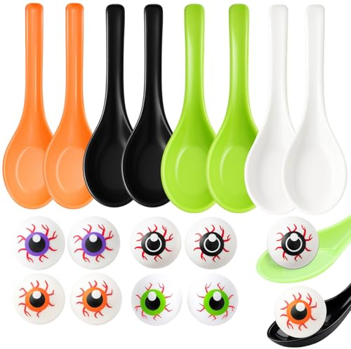 YceLon Egg Run Game Children's Set, 16-Piece Halloween Game Kit with Eyeballs Halloween and Spoons for Children's Parties as Party Bags