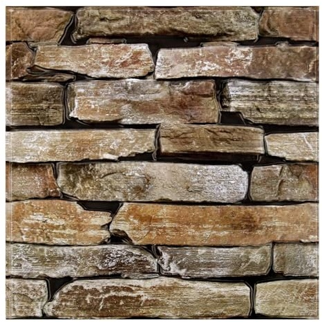 SMOOSTIKC 3D Faux Stone Wall Panels Peel and Stick, 10 Pcs 11.8 x 11.8, Stone-Look Textured Wall Sticker, Ultra-Light Thin PVC Fake Stone Wall Covering Tiles for Quick DIY, Brown with Green