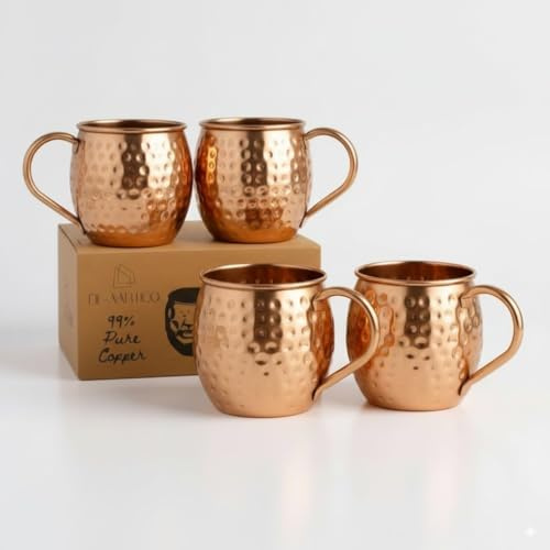 Moscow Mule Mugs Set of 4-100% Pure Copper, 16oz Large Food Safe Solid Copper Mugs, Premium Moscow Mule Gift Set for Cocktail Lovers, Perfect for Home Bar and Party