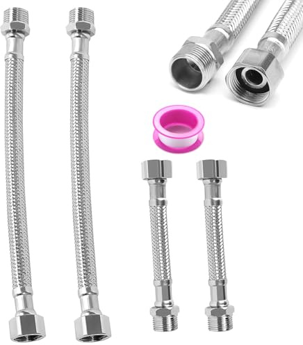 MUMUMUR 4 Stück Edelstahl Flexschlauch 3/8 Zoll Panzerschlauch Wasserhahn Schlauch Verlängerung Anschlussschlauch Armatur mit Dichtungsband für Küche Bad WC (10cm & 20cm)