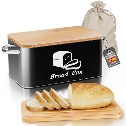 Mihoho Panera de metal con tapa de tabla de cortar de bambú, contenedor para almacenar pan, organizador de cocina moderno para masa madre, bollos y panes (negro k)