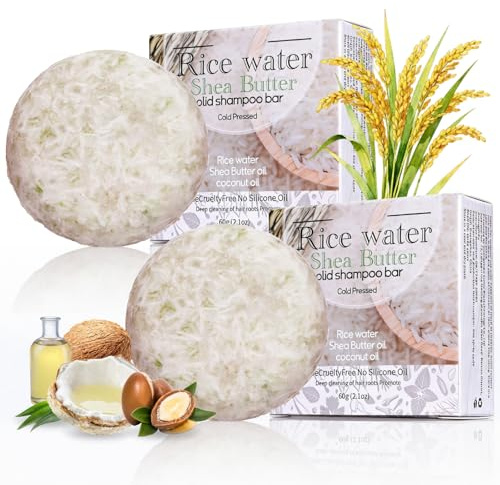 2 Stück Reis & Sheabutter Seife,Rice Shampoo Soap für Haar,Reisshampoo Bar,Reiswasser Shampoo Bar,Anti-Haarausfall,Reis Shampoo Seife für Haarwachstum,Tiefenreinigung & Feuchtigkeit,Kokosöl