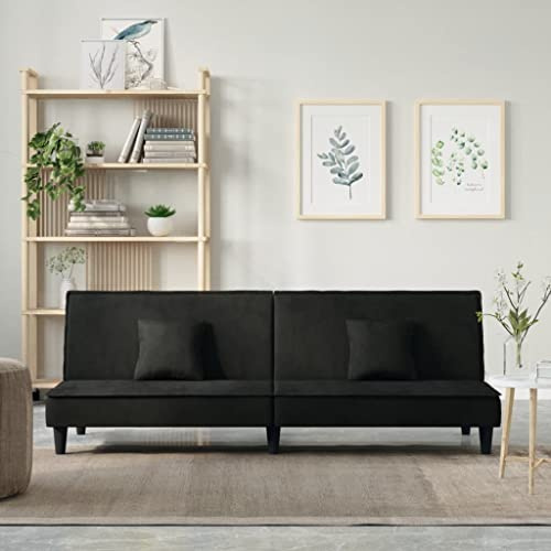Mandloder Schlafsofa Schwarz Samt, Ausziehbares Loungesofa mit Verstellbarer Rückenlehne, Modernes Design, Inklusive Kissen, für Gästezimmer, Wohnzimmer, 200 x 89 x 70 cm