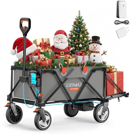 Litheli Elektrokarre Bollerwagen Faltbar, Handwagen faltbar mit Motor & Bremsen, 200L 60KG geeignet für Camping, Garten, Strand, Einkaufen (Grau, V140i & Ladegerät)