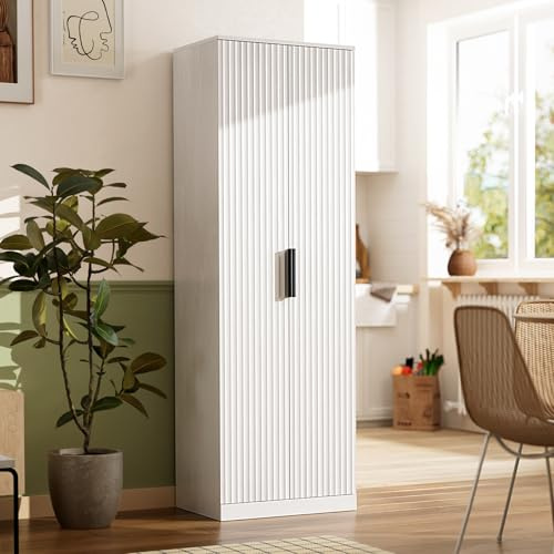 VINGLI 70 Modern Pantry Cabinet with Fluted Doors, 5 Adjustable Shelves, Tall Storage Solution for Kitchen, Dining Room, or Living Room, White