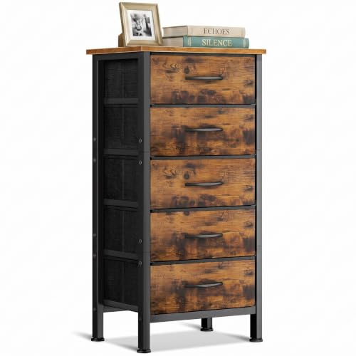 Coleshome Schmale Kommode mit Schubladen, mit 5 Stoffschubladen | Kleine Kommode geeignet für das Wohnzimmer, robuster Stahlrahmen, Holzplatte, 40 x 30 x 120 cm