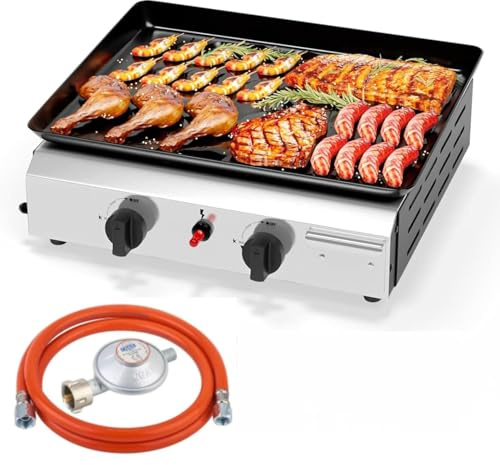 LEADZM Gasgrill, 2 Brennner 4.8kW - Ausgestattet mit einem 50-Mbar-Druckminderventil, Tischgrill für Camping, Garten & Strand