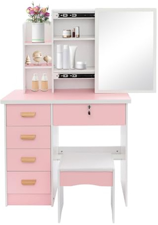 SanBouSi Sminkbord med spegel och pall, små flickor sminkbord 5 lådor, 6 hyllor modernt sminkbord, sovrumsmöbler, vanity-set, rosa