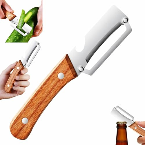2 in 1 Multi Functional Vegetable Peeler, Premium Vegetable Peeler with Wooden Handle and Bottle Opener, Peelers for Kitchen, Stainless Steel Kitchen Tool for Fruit Apple Potato Pumpkin Papaya (1PCS)