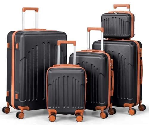LEADZM Koffer Set 5 teilig Hartschale mit Kosmetikkoffer (Schwarz-Braun) | Kofferset aus ABS, Reisekoffer mit Rollen Groß, Handgepäck, Hartschalenkoffer Set, Koffer & Trolleys