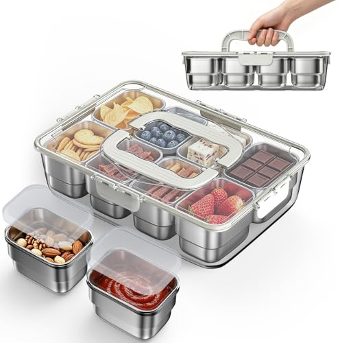 HiTauing Snackbox mit 8 Edelstahl Fächern, Snackteller mit Griff und 8 Einzelnen Deckeln, Verhindert Geruchsübertragung Ldeal, Leicht zu Reinigen