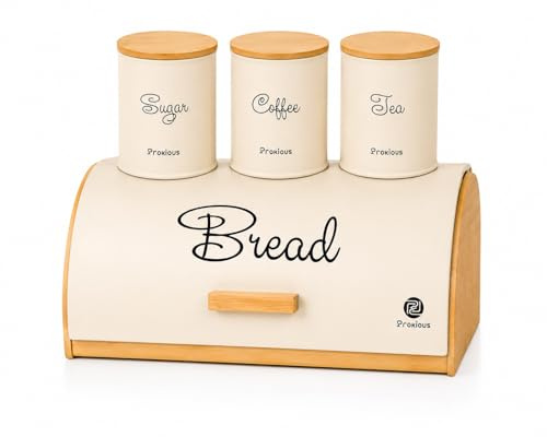 JRose Collections Cream Bread Bin with Tea Coffee Sugar Canister Set Bamboo Style Kitchen Storage Containers Metal Bread Box Countertop Organiser Roll Top Bread Storage Set 36x25cm JR2623