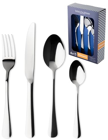 Taylors Eye Witness Delamere 16-Piece Kitchen Cutlery Set - Includes Table Forks, Knives, Dessert Spoons & Teaspoons. Durable 18/0 Stainless Steel Flatware Set. Modern Silverware. Dishwasher Safe