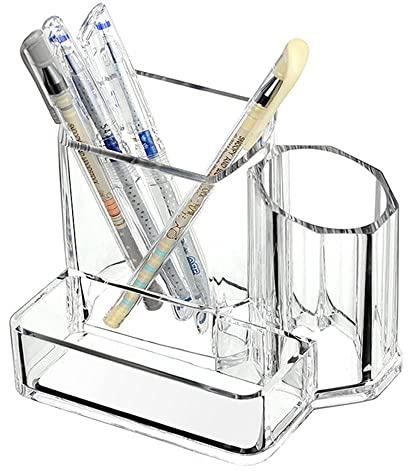 Sooyee Acrylic Desk Supplies Organizer Holder, 3 Compartments Office Desktop Caddy, Multi-function Pen Pencil Cup Phone Remote Control Stationery Storage Box for Home, School, Classroom, Clear