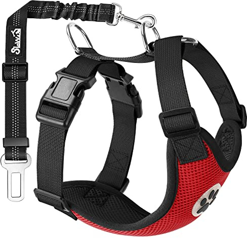 SlowTon Arnés de Coche para Perro con Correa de Conector, multifunción, Ajustable, Doble Tejido de Malla Transpirable, arnés de Chaleco de Viaje con cinturón de Seguridad Rojo