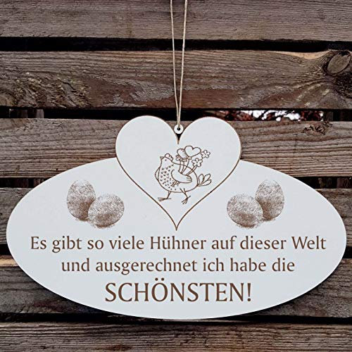 DIE SCHÖNSTEN HÜHNER DER WELT Schild mit Huhn 01 Ei und Herz ca. 20 x 12 cm