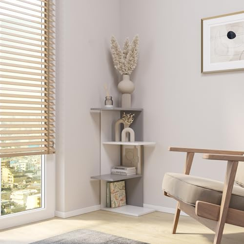 URBNLIVING Wooden Modern Free Standing Display Corner Bookcase (White+Grey, 3 Tier)