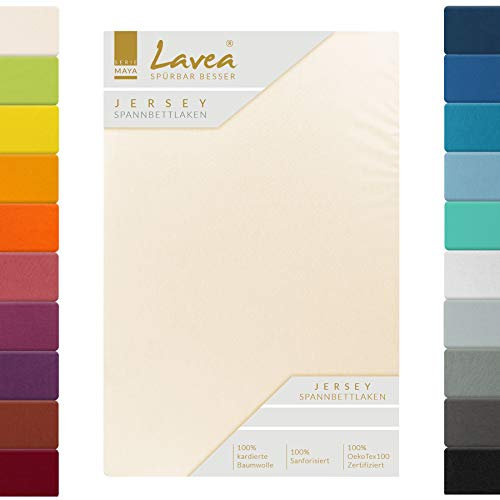 Lavea® Jersey Topper Spannbettlaken, Spannbetttuch, Serie Maya, 100% Baumwolle, hochwertige Verarbeitung, mit Gummizug und OekoTex100 200x220cm, Creme Naturweiß