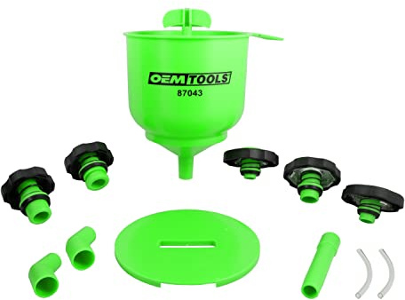 OEMTOOLS 87043 No-Spill Professional Quality Coolant Funnel Kit, Easily Fill Antifreeze Coolant Set Includes 5 Adapters, Extensions, and Automotive Funnel, Air Venting, Drip-Free, Green