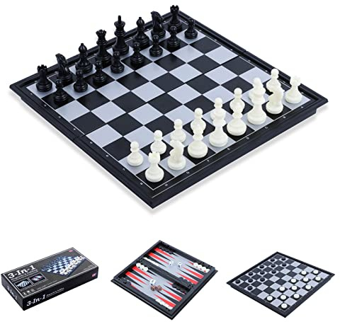 3-in-1 Schachspiel Magnetisch, FISHOAKY Schach/Dame/Backgammon Reise-Set Faltbarem Schachbret Schwarz und weiß 31× 31 cm für Kinder Erwachsene Familie Weihnachts Neujahrs