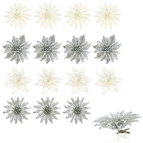com-four® 16x Deko-Blumen mit Clip, glitzernde Blüten zum Anklemmen | Blumenanstecker als Raumdeko für Weihnachten und Valentinstag - Blüten als Dekoration [Auswahl variiert]