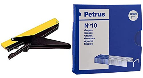 Petrus 44730 - Grapadora pequeña de tenaza, 1 unidad & Grapas, 10 hojas, Largo 4 mm, 1000 grapas, Modelo 10, 55706