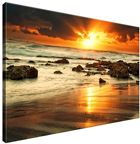 Estika Leinwand bilder - Meer, Sonnenuntergang, Felsen - 90x60 cm, 1 teilige kunstdruck - Wandbilder wohnzimmer, schlafzimmer, Moderne wanddeko, Bild auf leinwand - Natur bilder - 4161A_1L