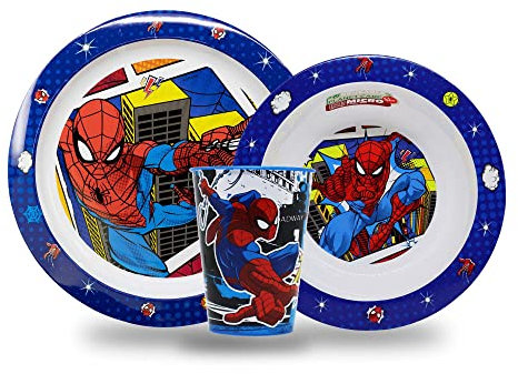 Sorrisini Ensemble de vaisselle pour enfant, Vaisselle réutilisable pour enfants, Services pour Enfant et adapté au micro-ondes, Set de table pour enfant, assiette et bol, tasse 260ml, Spiderman