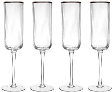 MIKASA Sorrento Champagne Flute Glasses, Set of 4 Ridged Crystal Glasses, 200ml Sparkling Wine Stemmed Glass Set, Elegant Glassware for Weddings, Parties, Celebrations, Drinkware Gift Set
