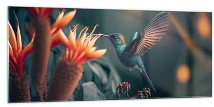 ARTTOR Glasbild 100x40cm Wandbild Glasdruck Botanik Blumen - 5729 | Vogel Exotisch Blume Panorama Groß Modern Dekoration Wohnzimmer Schlafzimmer Küche Wanddeko Kunstdruck Art Wall Decor ARTTOR