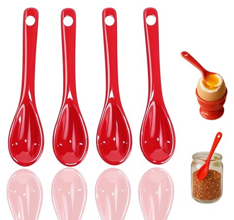 PTORIZNY Mini Spoons for Spices, Ceramic Spoon 3.5 inch, Espresso Spoons | Tiny Spoons for Spice Jars, , Small Seasoning Spoon for Salt, Coffee, Sugar, Powder and Pepper (Red spoon A set of 4)