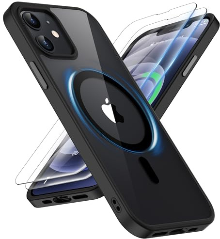 ORETECH für iPhone 12 Hülle mit 2 Schutzfolie, Schwarz | Kompatibel mit Mag Safe,Stoßfest Kratzfest Transparent Rückseite Handyhülle für iPhone 12/12 Pro
