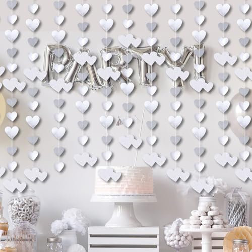 QeeFop Argent Coeur Guirlande en Papier, 52 Pieds Guirlande Anniversaire Décorations De Fête en Papier Double Face à Suspendre en Forme De Cœur pour Mariage, Anniversaire (Argent)